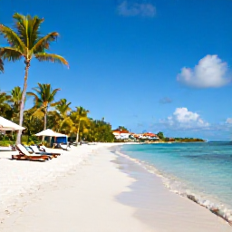Caribbean Holidays, October All Inclusive, White sandy beach beside calm clear water, palm trees and sun loungers at a Virgin Islands all-inclusive resort