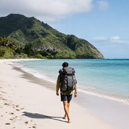 Caribbean Holidays, October Backpacking, A backpacker with a small rucksack walking along a quiet tropical beach on Saint Vincent in October, with green hills and calm Caribbean water