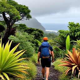Caribbean Holidays, October Backpacking, A hiker on the lush trail towards La Soufri&egrave;re volcano on Saint Vincent, with misty rainforest, tropical plants and distant sea views