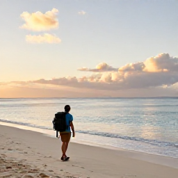 Caribbean Holidays, October Backpacking, Backpacker walking along a quiet Caribbean beach at sunrise with a rucksack, warm tropical light and calm sea