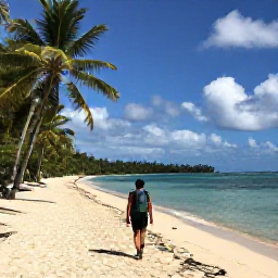 Caribbean Holidays, October Backpacking, Backpacker walking along a quiet tropical beach in Tobago during October, with palm trees and calm Caribbean water