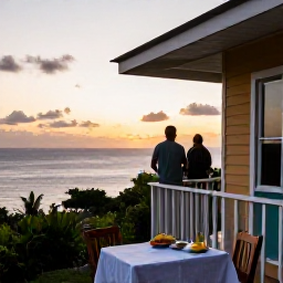 Caribbean Holidays, October Backpacking, Backpacker watching sunset over the Caribbean from a small guesthouse veranda in Tobago, with a simple local dinner nearby