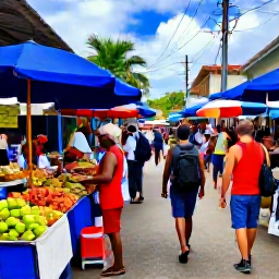 Caribbean Holidays, October Backpacking, Colourful Caribbean market street with local food stalls, fruit, friendly vendors and backpackers exploring