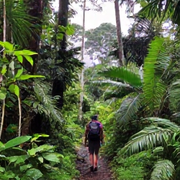 Caribbean Holidays, October Backpacking, Hiker on a rainforest trail in Tobago, surrounded by lush green vegetation and tall tropical trees after a light shower