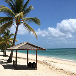Caribbean Holidays, October Backpacking, Quiet sandy beach at Pigeon Point Tobago with turquoise water, palm trees and a backpack near a shaded shelter