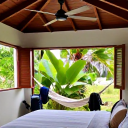 Caribbean Holidays, October Backpacking, Simple Caribbean guesthouse room with a hammock, backpack, ceiling fan and open windows overlooking tropical greenery