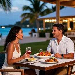 Caribbean Holidays, October Barbados, Couple dining outdoors at a stylish Barbados restaurant, with fresh seafood, tropical dishes and evening lights