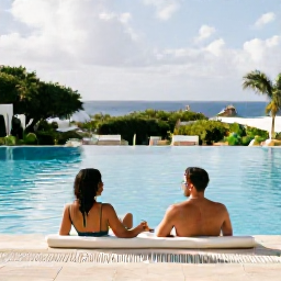 Caribbean Holidays, October Barbados, Couple relaxing beside a quiet infinity pool at an adults-only Barbados resort in warm October sunshine