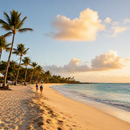 Caribbean Holidays, October Barbados, Golden sandy beach on the west coast of Barbados with calm turquoise water, palm trees and a couple walking at sunset