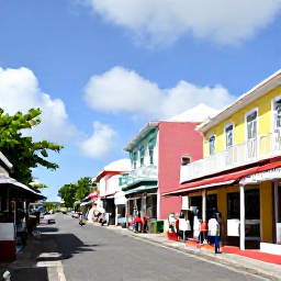 Caribbean Holidays, October Barbados, Historic Bridgetown street with colourful buildings, local shops and visitors exploring Barbados in bright daytime