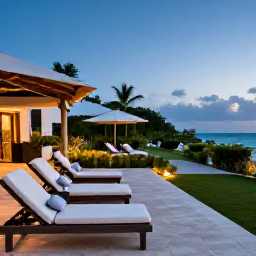 Caribbean Holidays, October Barbados, Quiet adults-only Barbados resort terrace with comfortable loungers, tropical gardens and a calm evening atmosphere