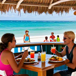 Caribbean Holidays, October Beach Holidays, A colourful Antigua beach bar beside the sea, fresh Caribbean lunch, tropical drinks and visitors enjoying a relaxed October afternoon