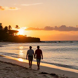 Caribbean Holidays, October Beach Holidays, A couple enjoying a sunset beach walk on Grand Cayman with golden light, calm sea and a relaxed island atmosphere