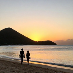 Caribbean Holidays, October Beach Holidays, A couple walking along a Caribbean beach at sunset in the United States Virgin Islands, warm evening light and calm sea