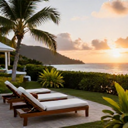 Caribbean Holidays, October Beach Holidays, A peaceful Caribbean resort terrace overlooking the sea in Saint Vincent and the Grenadines at sunset, with comfortable loungers and tropical greenery