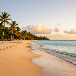 Caribbean Holidays, October Beach Holidays, A quiet golden beach on Saint Kitts with clear turquoise water, palm trees and soft morning light in October