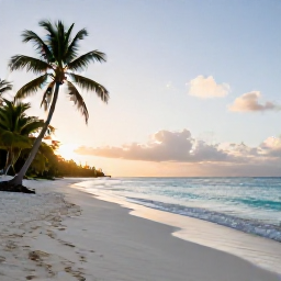 Caribbean Holidays, October Beach Holidays, A quiet white-sand beach in Antigua at sunrise, calm turquoise sea, palm trees and a relaxed October holiday atmosphere