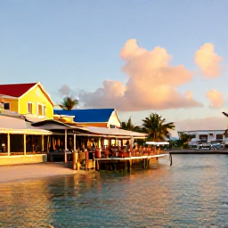Caribbean Holidays, October Beach Holidays, Colourful waterfront restaurants and caf&eacute;s beside a Caribbean beach in Saint Martin, visitors dining outdoors at sunset in October