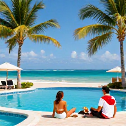Caribbean Holidays, October Beach Holidays, Couple enjoying a Dominican Republic beach resort in October, with palm trees, a swimming pool, turquoise sea and relaxed tropical surroundings