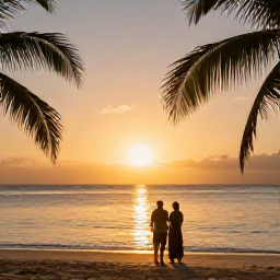 Caribbean Holidays, October Beach Holidays, Couple watching a golden sunset from an Antigua beach in October, calm sea, warm evening light and palms framing the scene