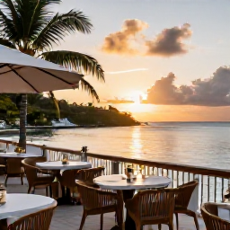 Caribbean Holidays, October Beach Holidays, Elegant beachfront restaurant in Gustavia, Saint Barth&eacute;lemy, overlooking a calm bay at sunset in October
