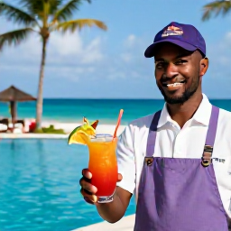 Caribbean Holidays, October Beach Holidays, Friendly Dominican beach resort staff serving a colourful tropical drink beside a pool, with palm trees and the Caribbean Sea in the background