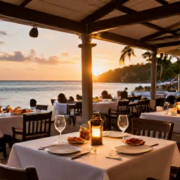 Caribbean Holidays, October Beach Holidays, Outdoor beachfront restaurant in Providenciales at sunset, tables set for dinner, fresh seafood and a relaxed Caribbean atmosphere