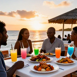 Caribbean Holidays, October Beach Holidays, Outdoor Caribbean restaurant in Saint Kitts at sunset, with fresh seafood, colourful drinks and relaxed diners