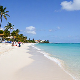 Caribbean Holidays, October Beach Holidays, Travellers relaxing on a calm sandy beach in Saint Martin, gentle October sunshine, palm-fringed shore and clear shallow sea