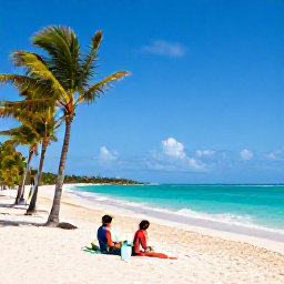 Caribbean Holidays, October Beach Holidays, Travellers relaxing on a palm-fringed white sand beach in Punta Cana, Dominican Republic, with turquoise sea and comfortable October sunshine
