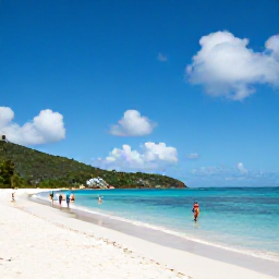 Caribbean Holidays, October Beach Holidays, Travellers relaxing on Magens Bay Beach, St Thomas, with calm blue water, green hills and a bright tropical sky
