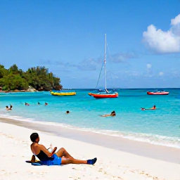Caribbean Holidays, October Beach Holidays, Travellers swimming and relaxing on a sheltered sandy beach in Bequia, Saint Vincent and the Grenadines, with colourful boats offshore