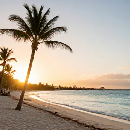 Caribbean Holidays, October Beach Holidays, Wide Caribbean beach in Punta Cana at sunrise in October, calm turquoise water, soft golden light, palm trees and a relaxed holiday atmosphere