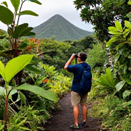 Caribbean Holidays, October Birdwatching, A birdwatcher with binoculars on a rainforest trail in Saint Vincent, surrounded by tropical foliage and volcanic hills