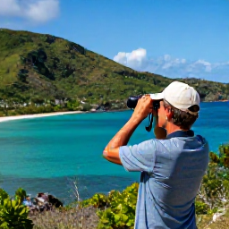 Caribbean Holidays, October Birdwatching, A birdwatcher with binoculars overlooking lush tropical hills and turquoise sea on Tortola in the British Virgin Islands