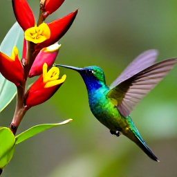 Caribbean Holidays, October Birdwatching, A colourful hummingbird feeding beside tropical flowers in a Trinidad rainforest garden