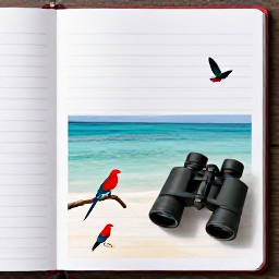 Caribbean Holidays, October Birdwatching, Binoculars, field notebook and tropical birds beside a calm Caribbean coast in Trinidad and Tobago