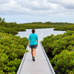 Caribbean Holidays, October Birdwatching, Birder walking quietly along a boardwalk through mangroves on Grand Bahama, looking across calm pools towards egrets and herons
