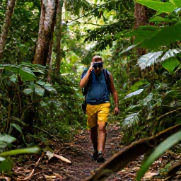 Caribbean Holidays, October Birdwatching, Birder with binoculars walking along a lush Saint Lucia rainforest trail in October