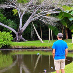 Caribbean Holidays, October Birdwatching, Birdwatcher exploring Antigua's lush countryside beside a freshwater pond, colourful Caribbean birds in the trees