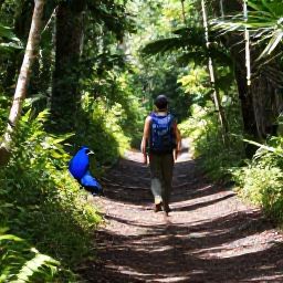 Caribbean Holidays, October Birdwatching, Birdwatcher following a shaded trail through Tobago rainforest with a blue-backed bird nearby