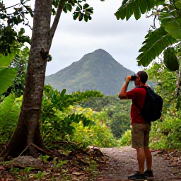 Caribbean Holidays, October Birdwatching, Birdwatcher using binoculars beside a forest trail on Saint Kitts, with tropical foliage and mountain views