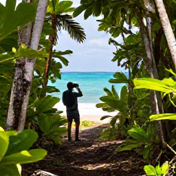 Caribbean Holidays, October Birdwatching, Birdwatcher using binoculars beside a forest trail on St John, with tropical foliage and distant turquoise sea