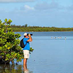 Caribbean Holidays, October Birdwatching, Birdwatcher using binoculars beside a peaceful mangrove lagoon on Providenciales, Turks and Caicos, with shorebirds in the distance