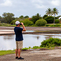 Caribbean Holidays, October Birdwatching, Birdwatcher using binoculars beside a salt pond surrounded by tropical vegetation on Saint Barth&eacute;lemy