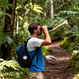 Caribbean Holidays, October Birdwatching, Birdwatcher using binoculars on a forest trail in Jamaica's Blue Mountains