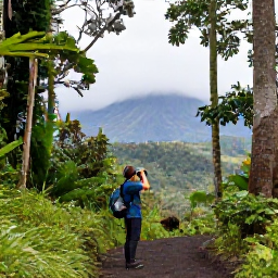 Caribbean Holidays, October Birdwatching, Birdwatcher using binoculars on a forest trail in Montserrat, with tropical trees and misty volcanic hills behind