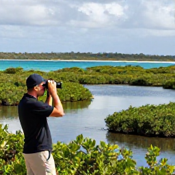 Caribbean Holidays, October Birdwatching, Birdwatcher with binoculars beside a quiet Caribbean wetland on Saint Martin in October, with mangroves, blue water and tropical birds