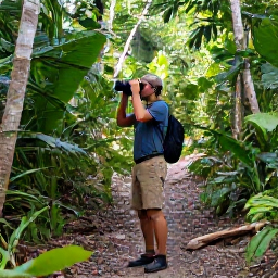 Caribbean Holidays, October Birdwatching, Birdwatcher with binoculars on a forest trail in the Dominican Republic, surrounded by tropical foliage