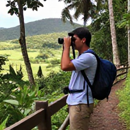 Caribbean Holidays, October Birdwatching, Birdwatcher with binoculars on a forest trail overlooking a Caribbean valley